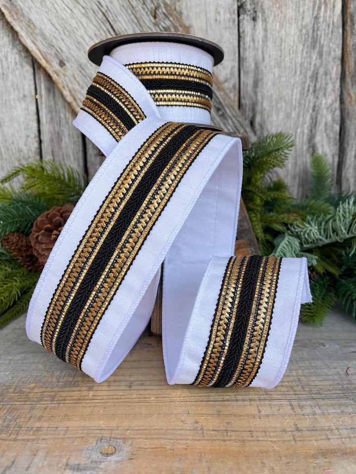 2.5" White Black Gold Ribbon, Christmas Ribbon, Designer Ribbon