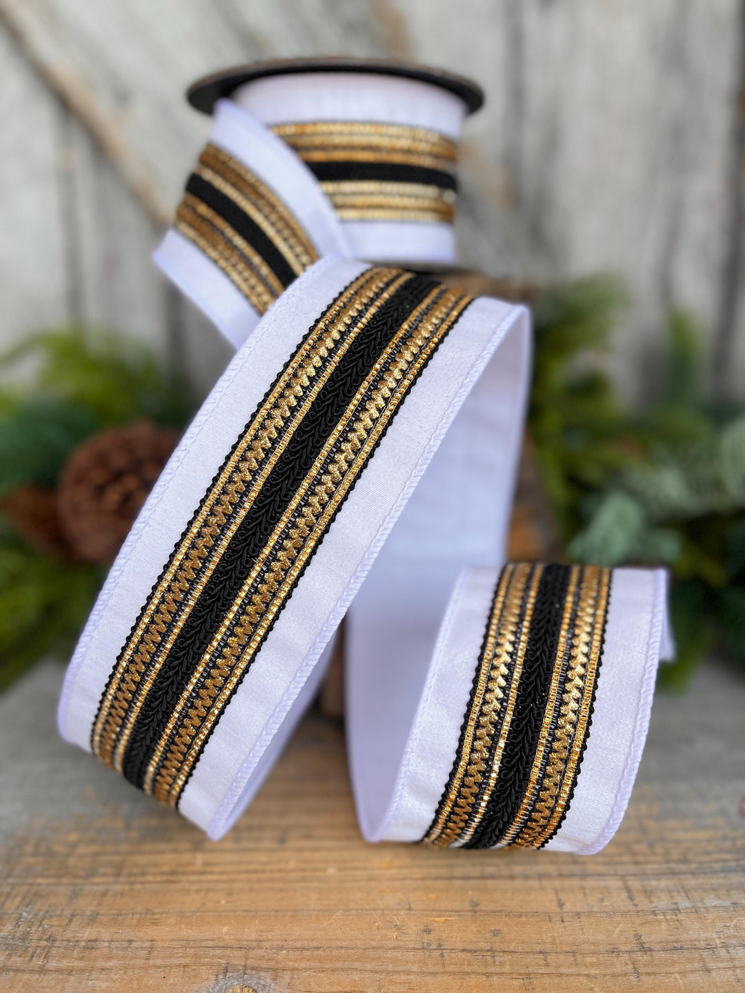 2.5" White Black Gold Ribbon, Christmas Ribbon