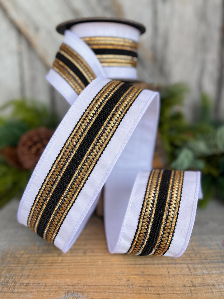 2.5" White Black Gold Ribbon, Christmas Ribbon