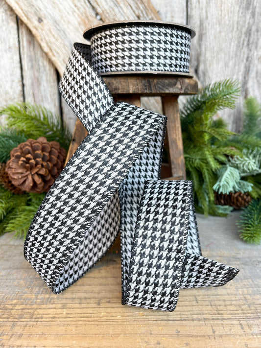 1.5" Black and White Houndstooth ribbon, Christmas Ribbon, Gift Wrap Ribbon