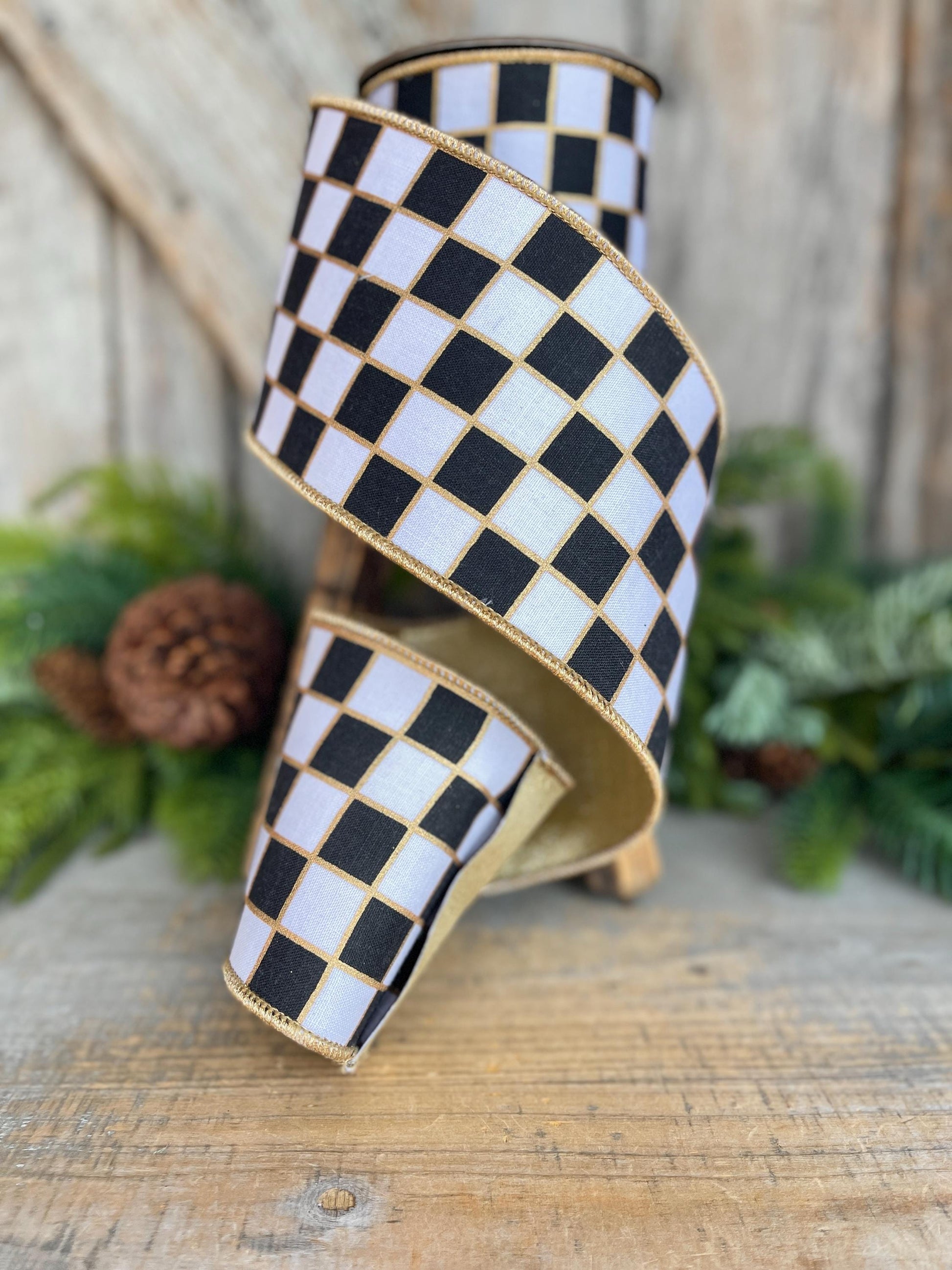 4" Black and White Check Ribbon, Christmas Ribbon