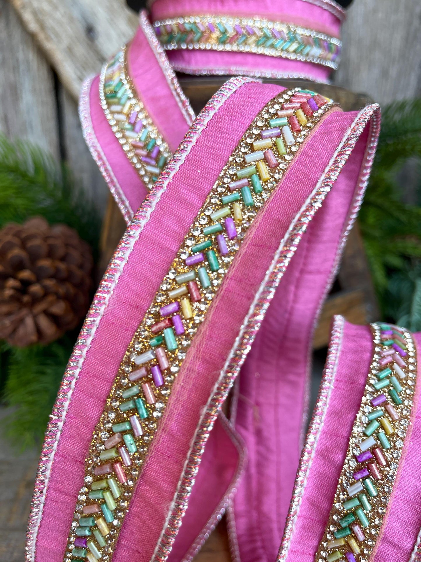 1.5" Pink Beaded Ribbon, Christmas Ribbon, Pastel Ribbon