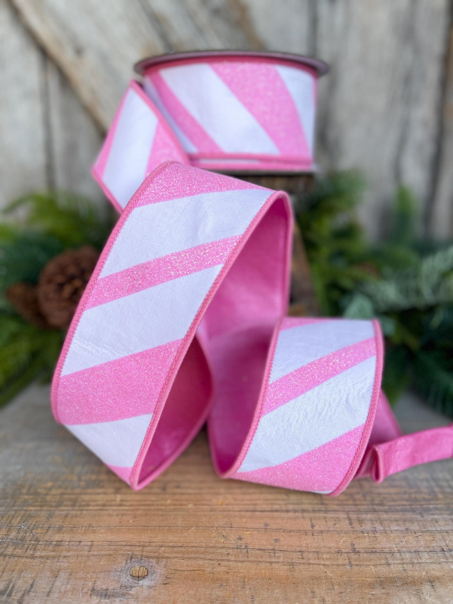 2.5" Pink and White Diagonal Stripe Ribbon, Farrisilk Ribbon, Candy Gloss Ribbon