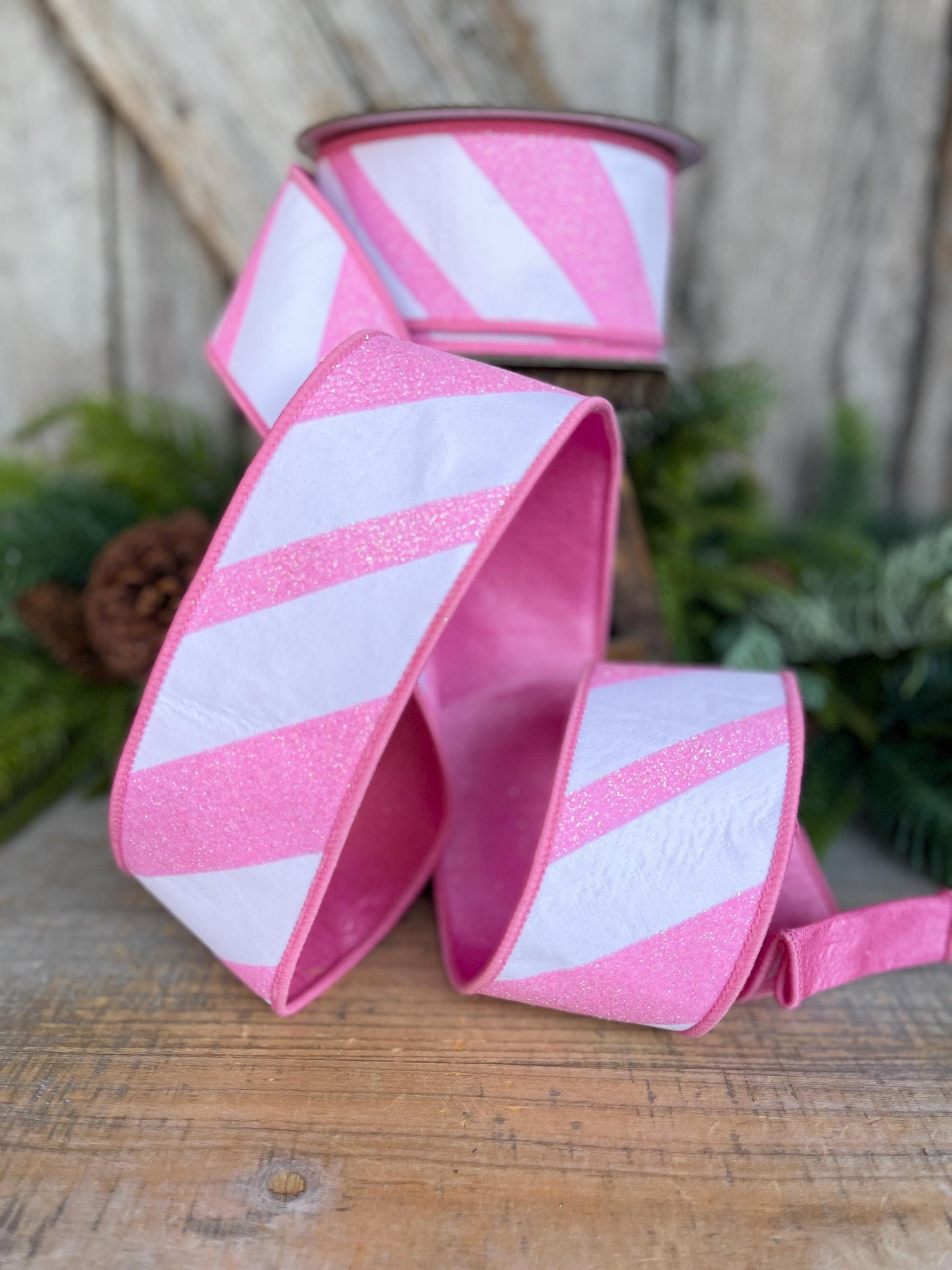 2.5" Pink and White Diagonal Stripe Ribbon, Farrisilk Ribbon, Candy Gloss Ribbon