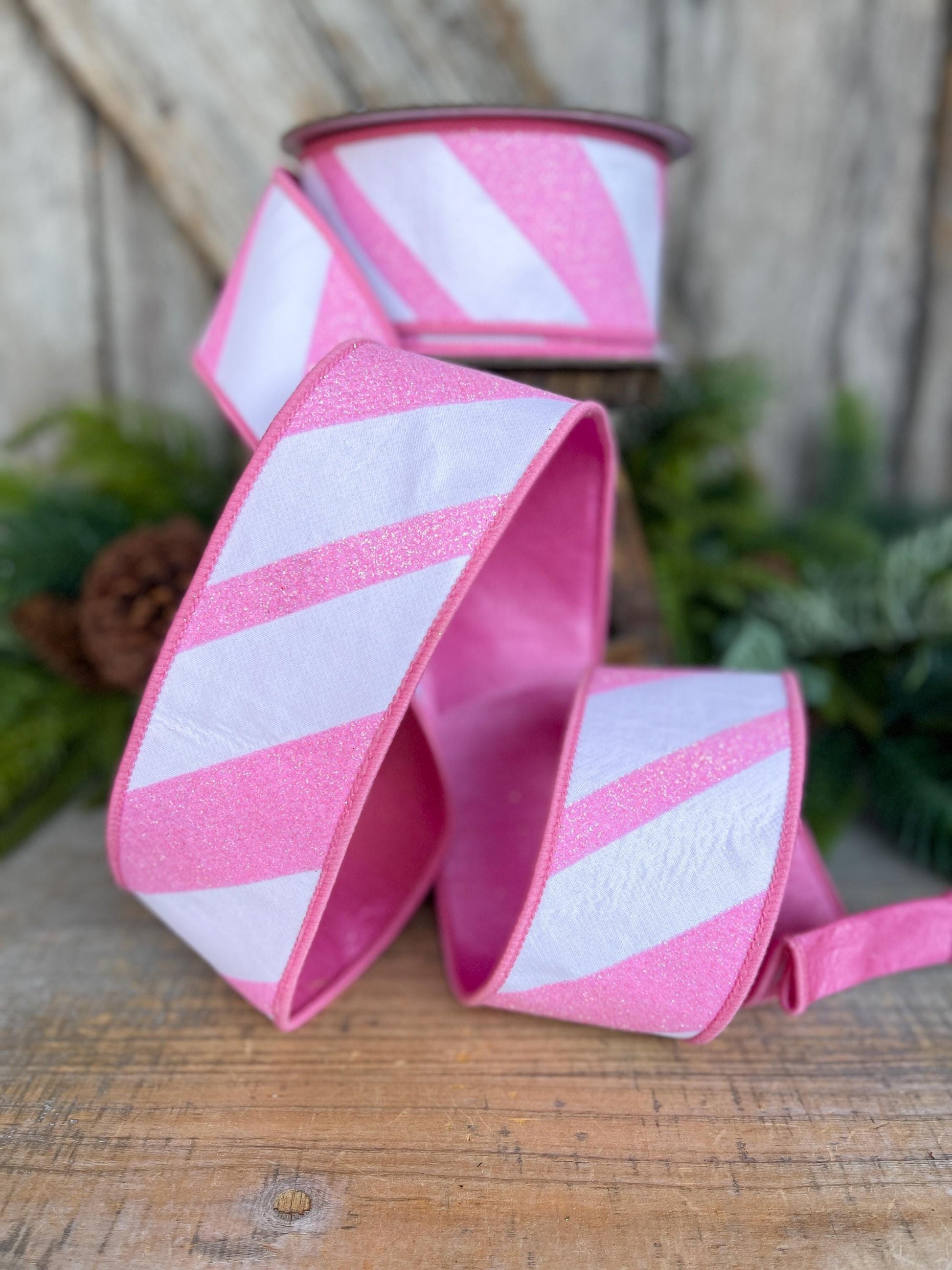 2.5" Pink and White Diagonal Stripe Ribbon, Farrisilk Ribbon, Candy Gloss Ribbon