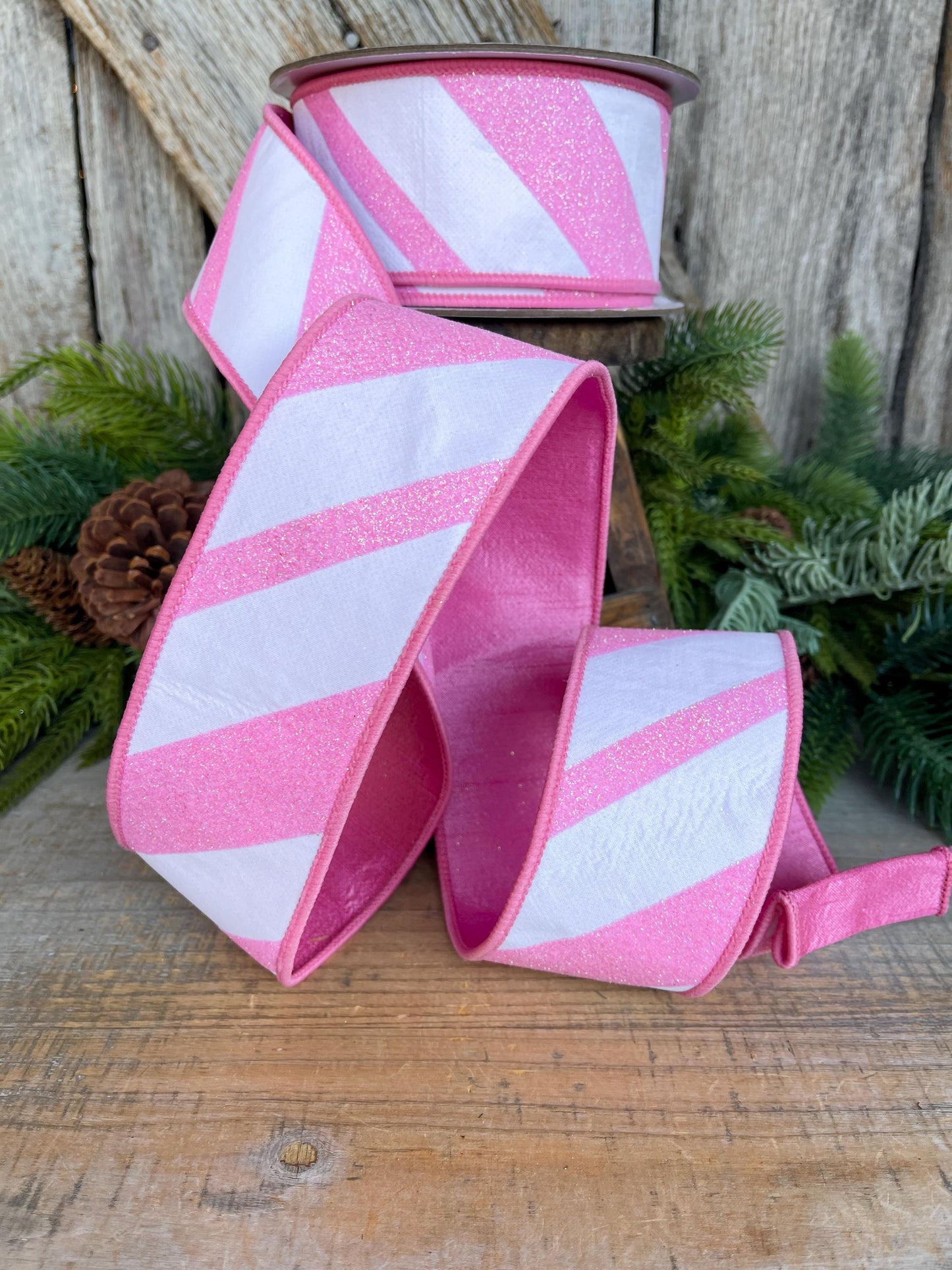 2.5" Pink and White Diagonal Stripe Ribbon, Farrisilk Ribbon, Candy Gloss Ribbon