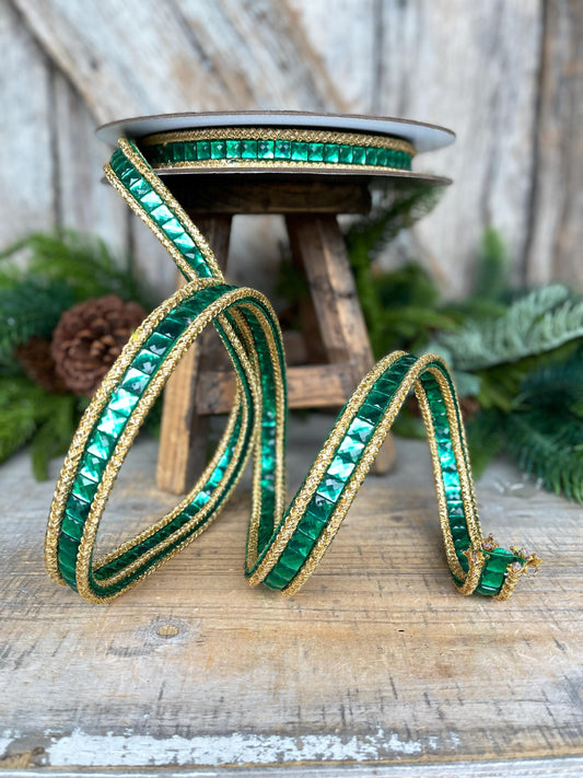 3/4" Emerald Green Jeweled Ribbon, Farrisilk Ribbon, Christmas Ribbon