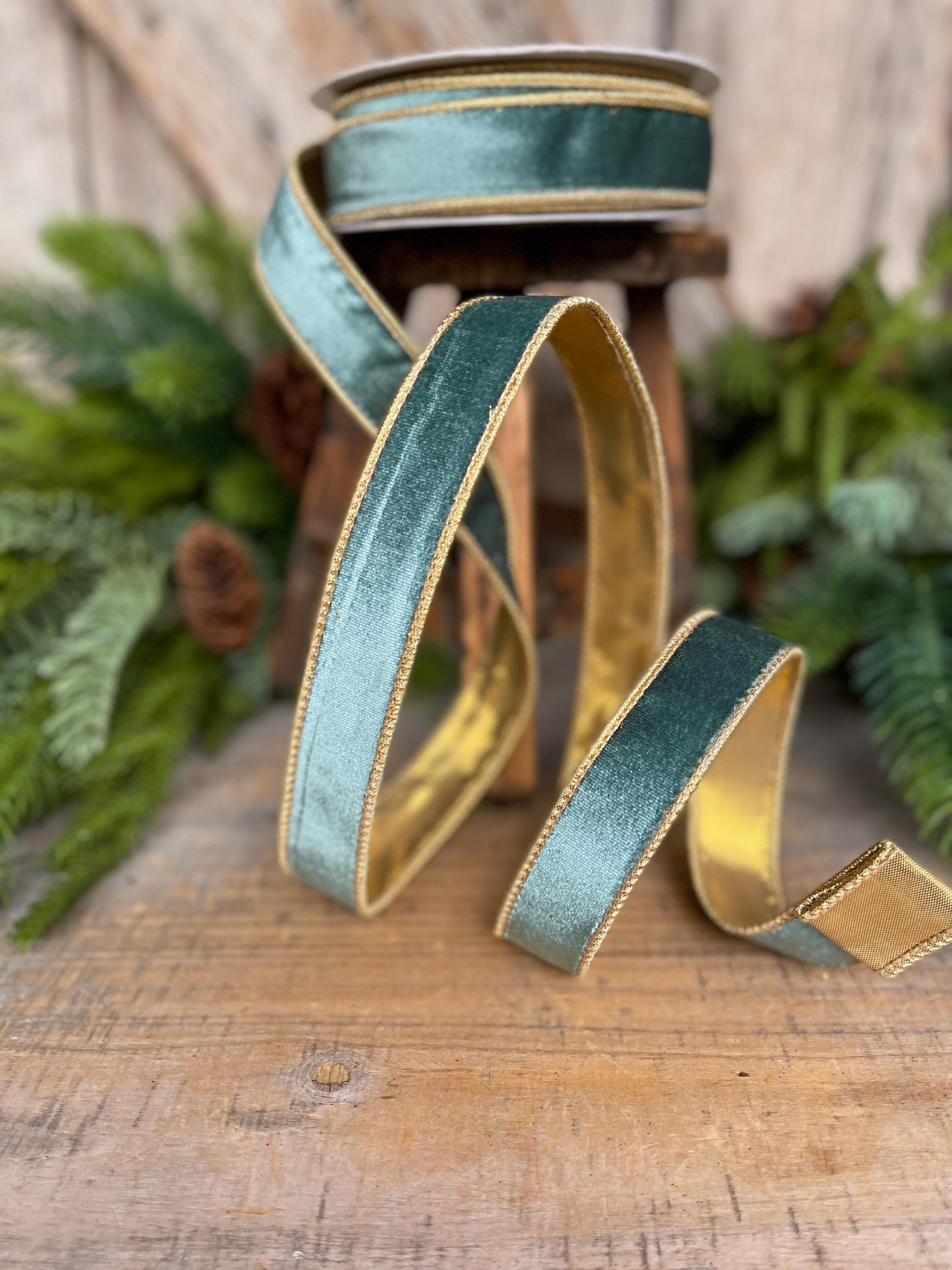 1" Aqua Teal Velvet Ribbon, Celadon Ribbon, Christmas Ribbon