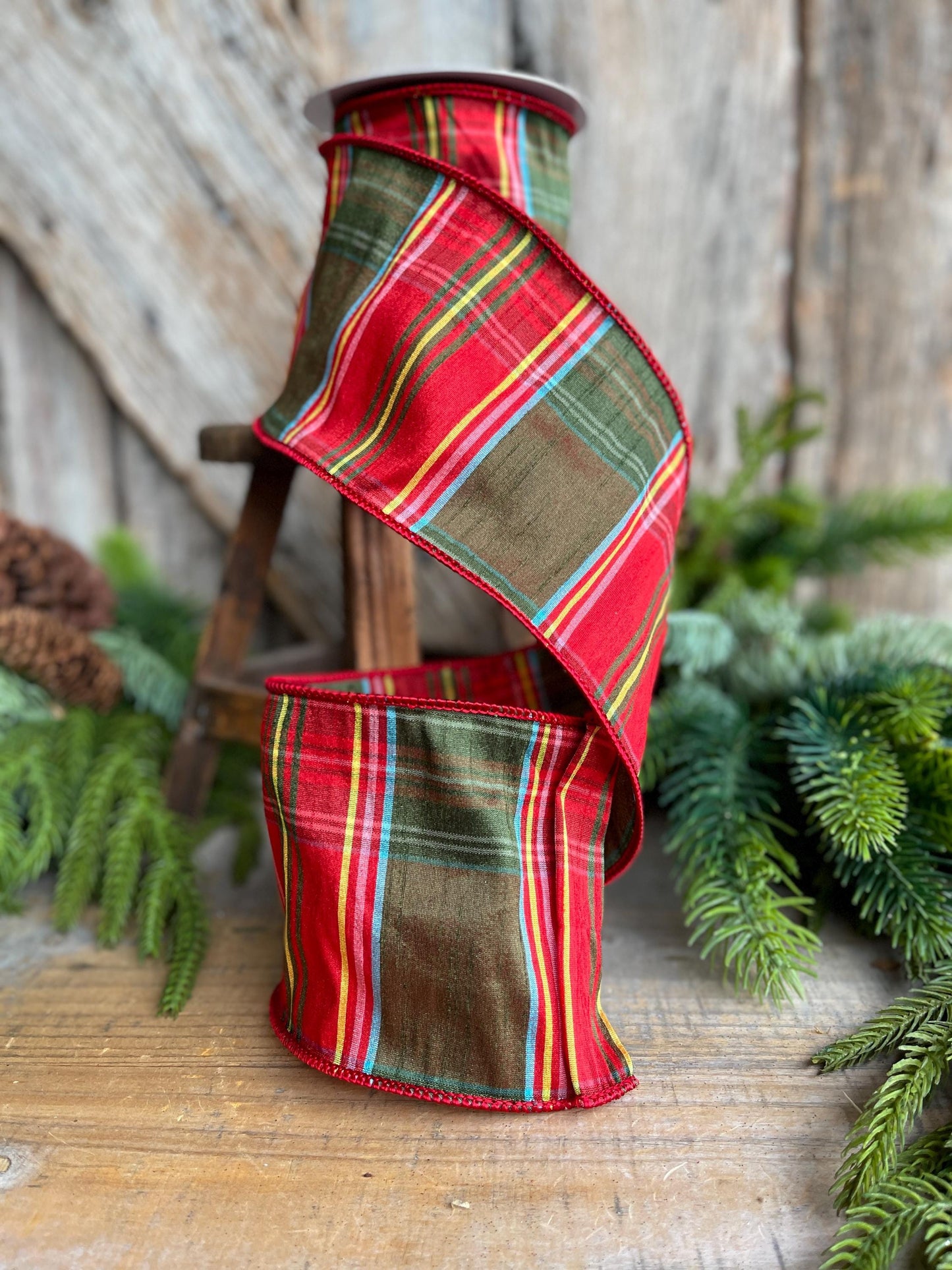 4" Traditional CHristmas Plaid, Wired Ribbon, Red Green Chirstmas Plaid RIbbon, RIbbon for Treee, Christmas Plaid