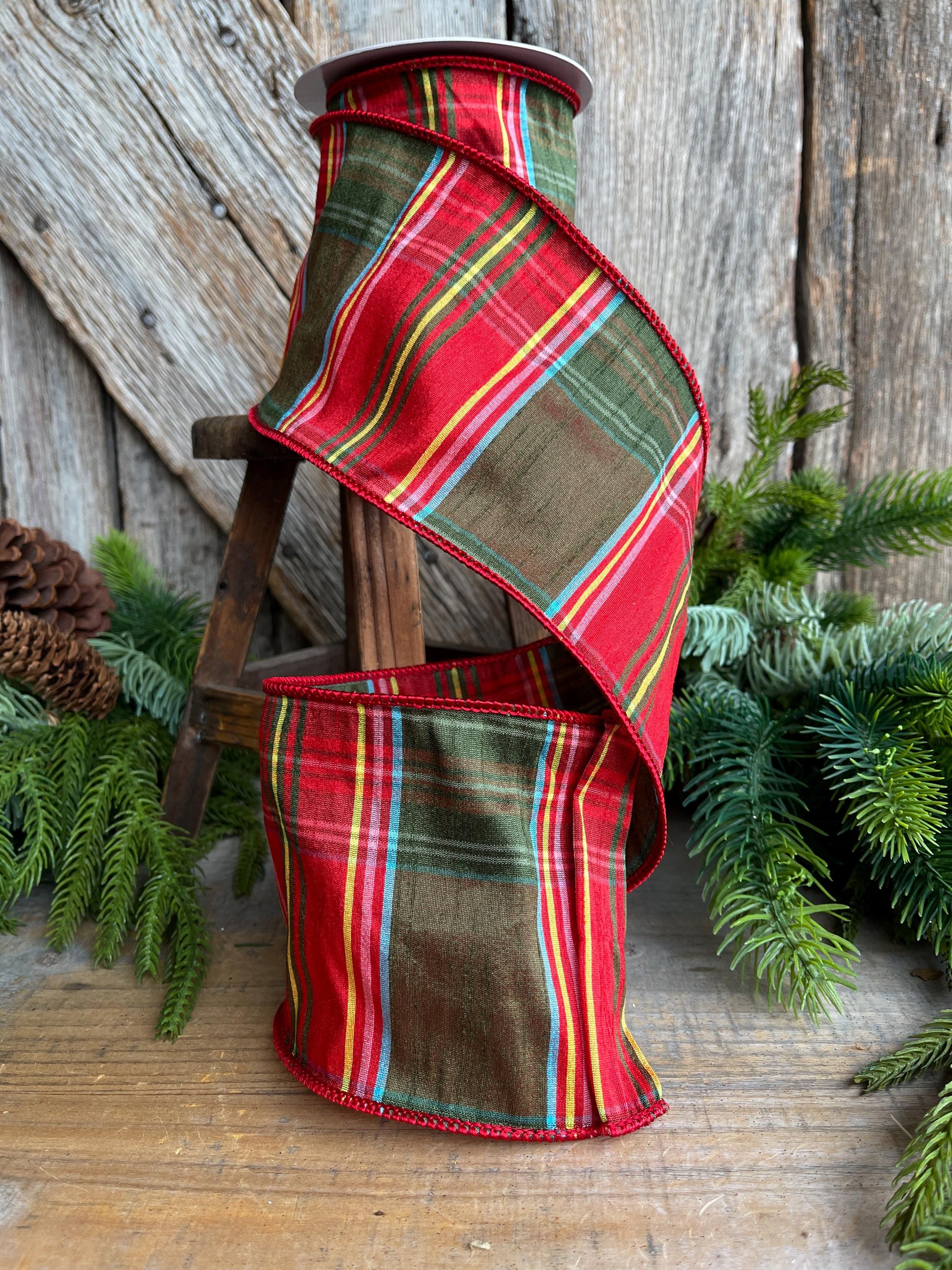 4" Traditional CHristmas Plaid, Wired Ribbon, Red Green Chirstmas Plaid RIbbon, RIbbon for Treee, Christmas Plaid