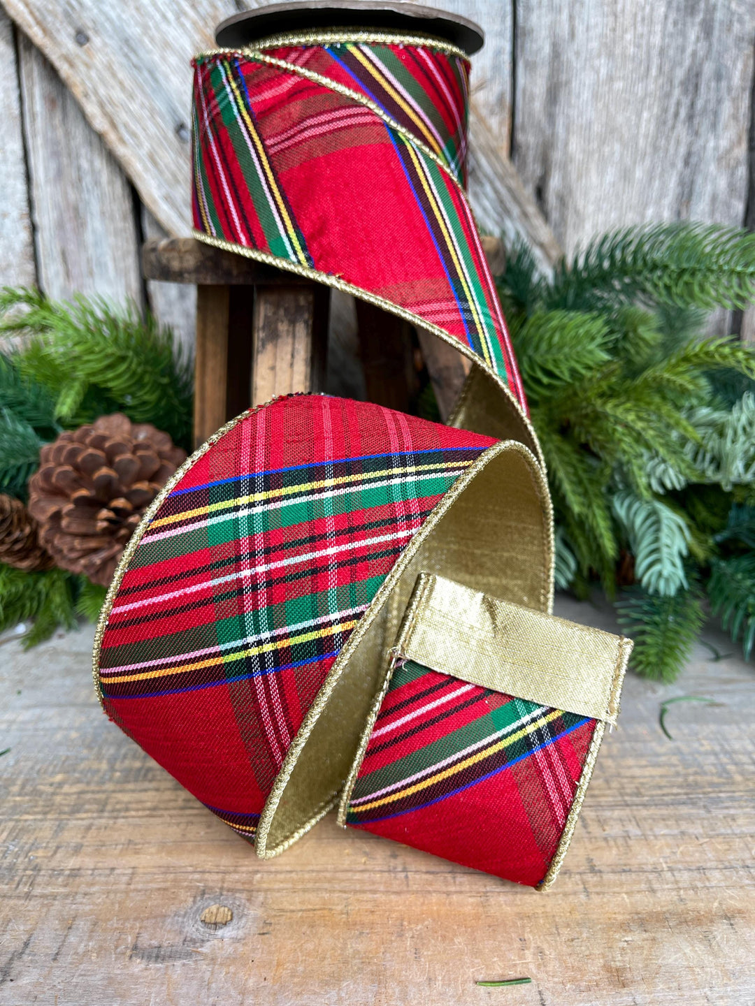 2.5" Traditional CHristmas Plaid, Wired Ribbon, Red Blue Chirstmas Plaid RIbbon