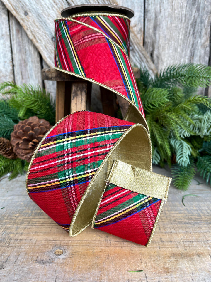2.5" Traditional CHristmas Plaid, Wired Ribbon, Red Blue Chirstmas Plaid RIbbon