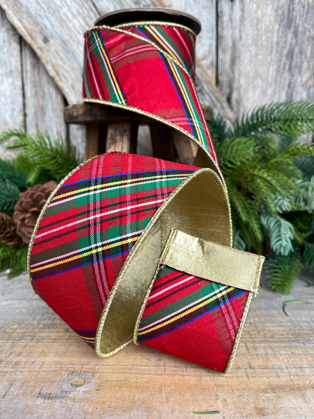 2.5" Traditional CHristmas Plaid, Wired Ribbon, Red Blue Chirstmas Plaid RIbbon