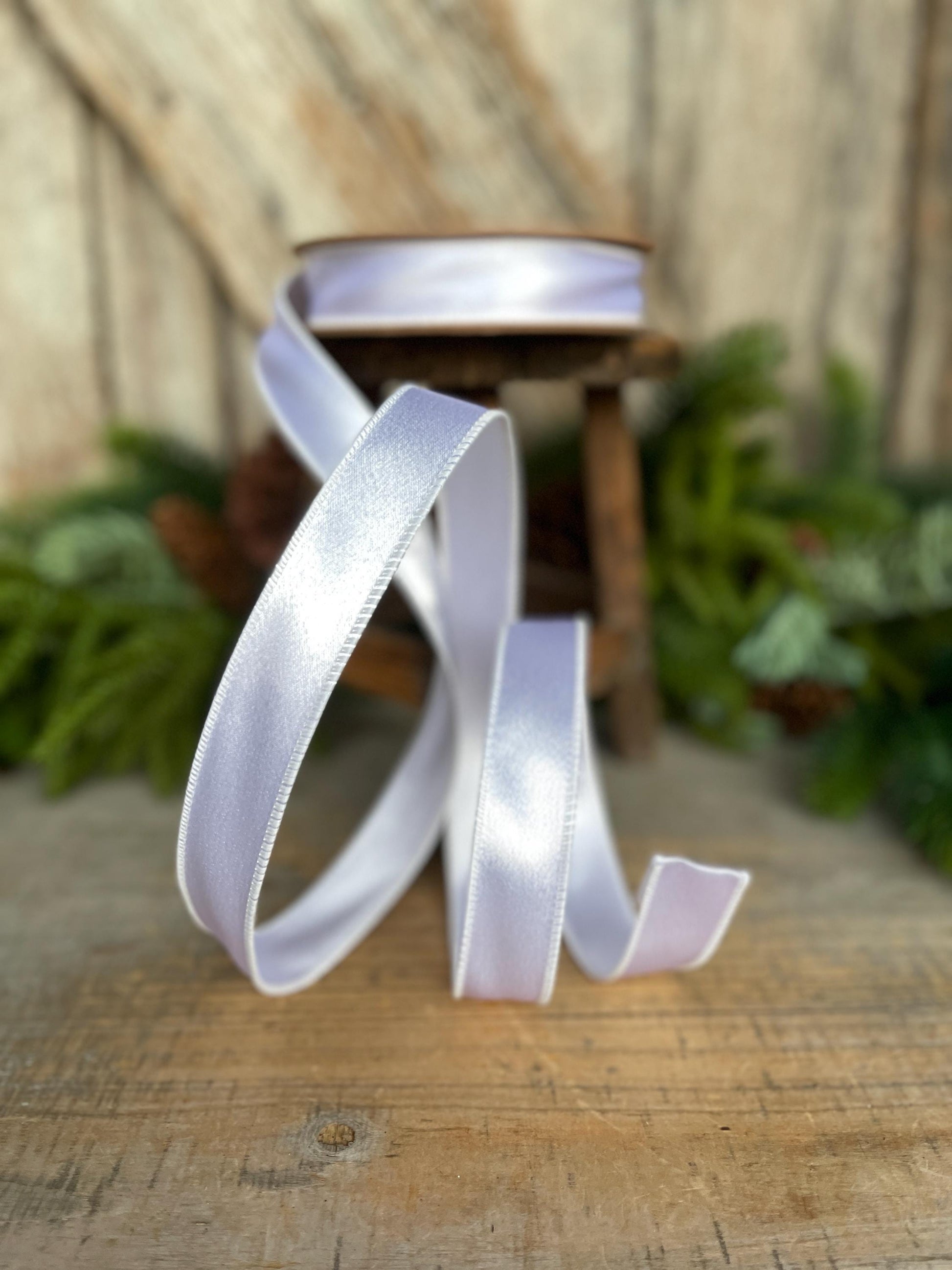 1" White Shimmer Satin Ribbon, White Satin Ribbon, Wired Ribbon