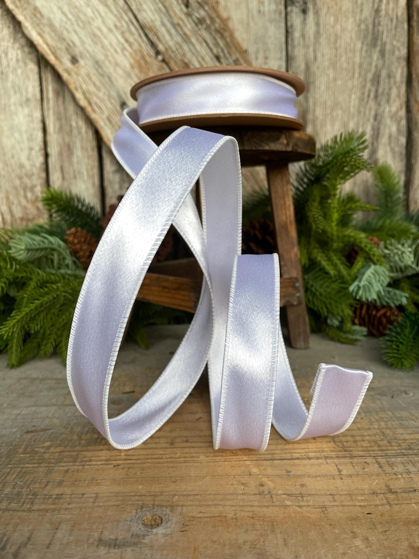 1" White Shimmer Satin Ribbon, White Satin Ribbon, Wired Ribbon