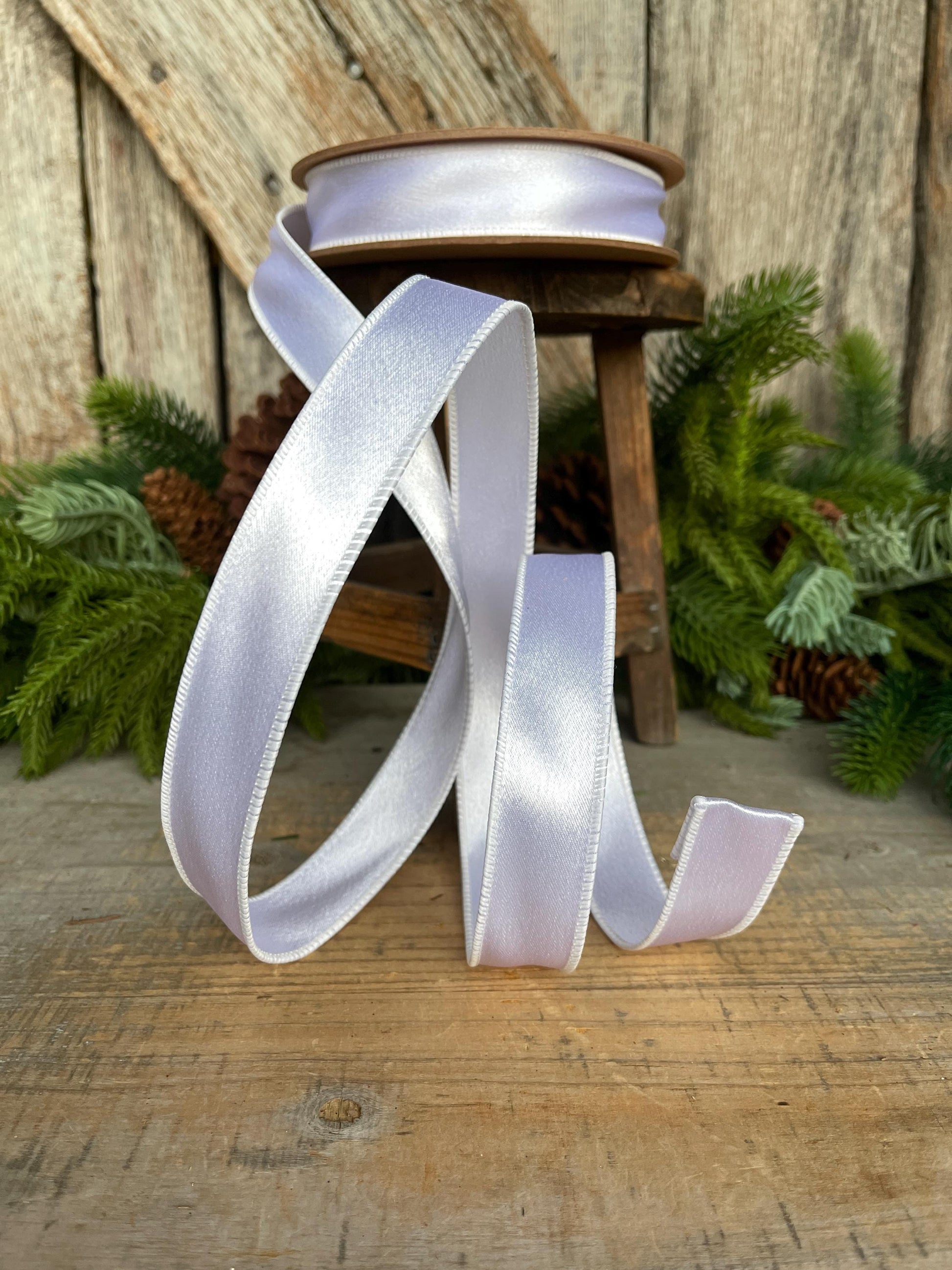 1" White Shimmer Satin Ribbon, White Satin Ribbon, Wired Ribbon