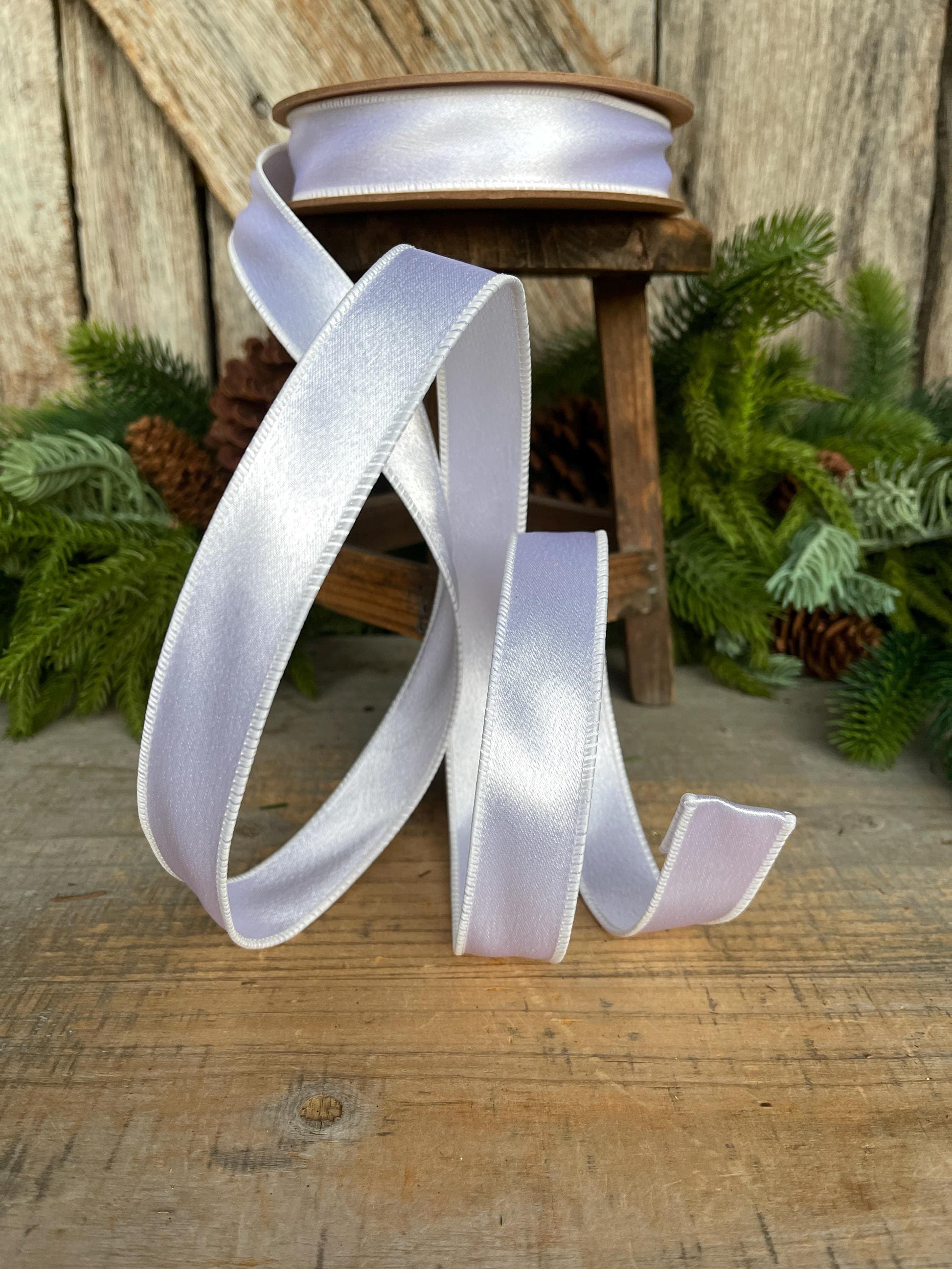 1" White Shimmer Satin Ribbon, White Satin Ribbon, Wired Ribbon
