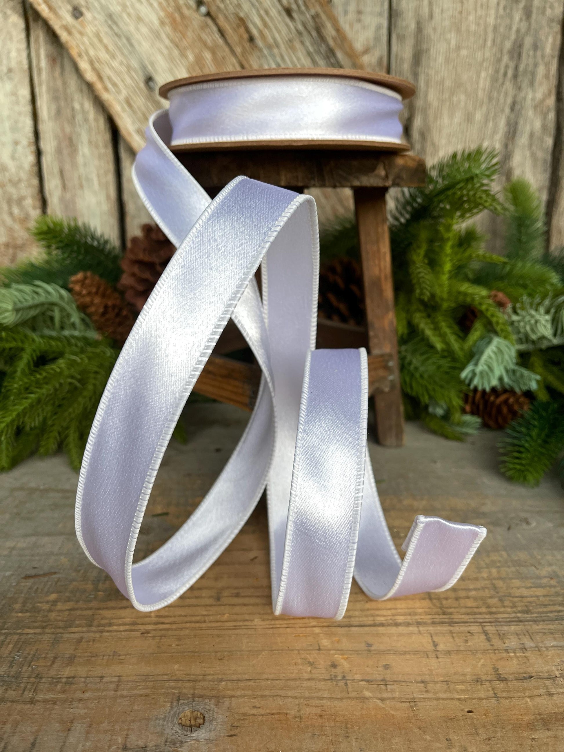 1" White Shimmer Satin Ribbon, White Satin Ribbon, Wired Ribbon