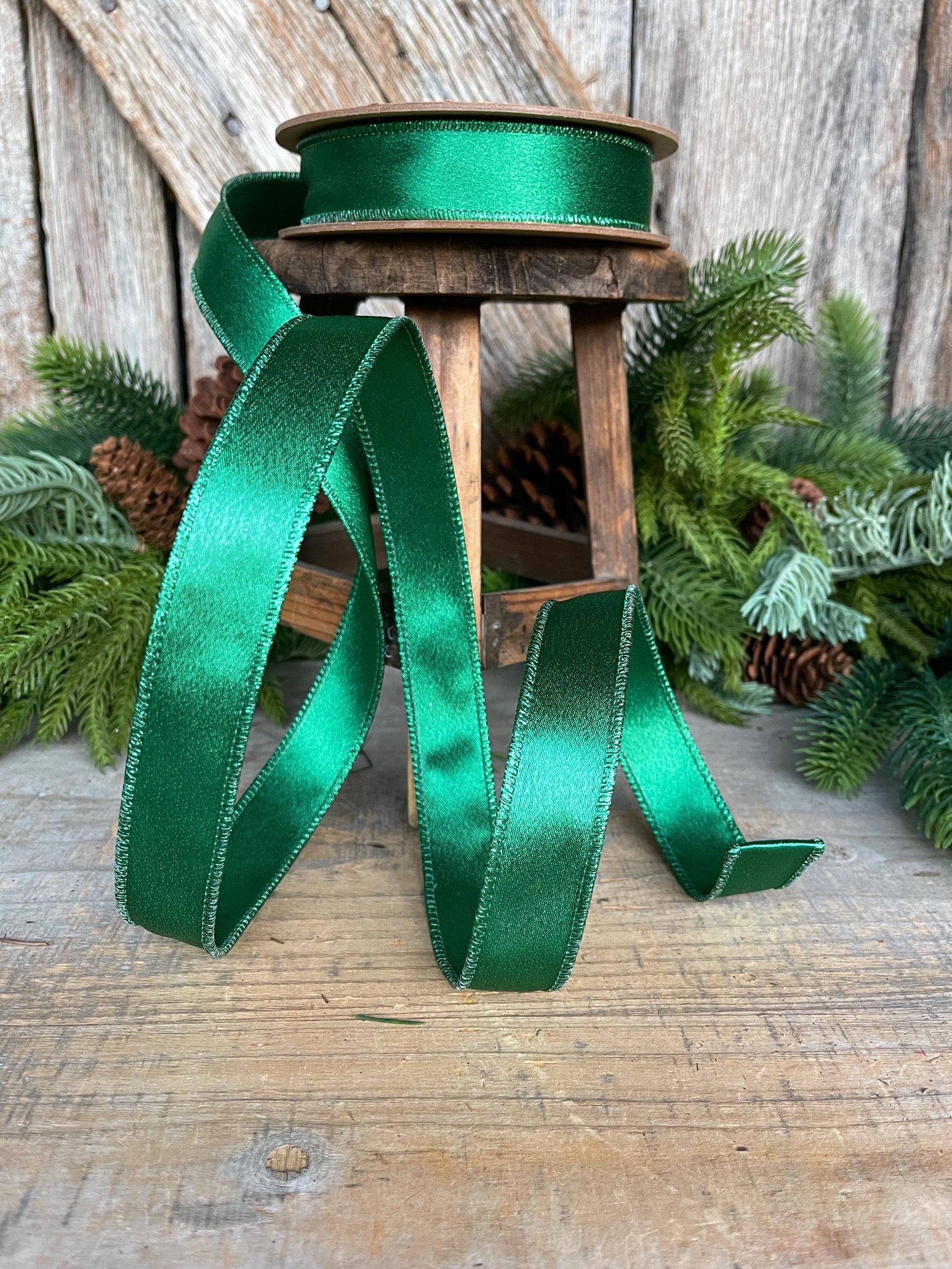 1" Emerald Green Satin Ribbon, Christmas Ribbon, Shimmer Satin Ribbon
