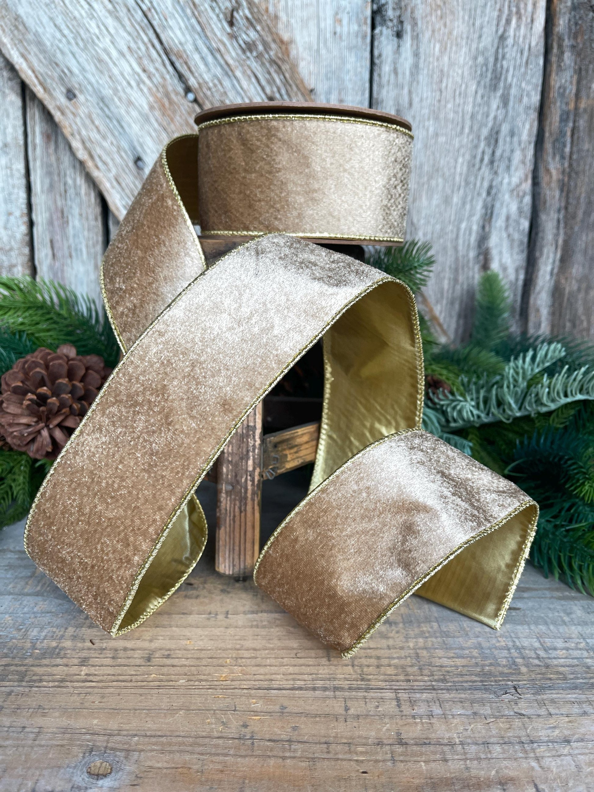 2.5" Gold Velveteen Ribbon, Christmas Ribbon, Gold Velvet