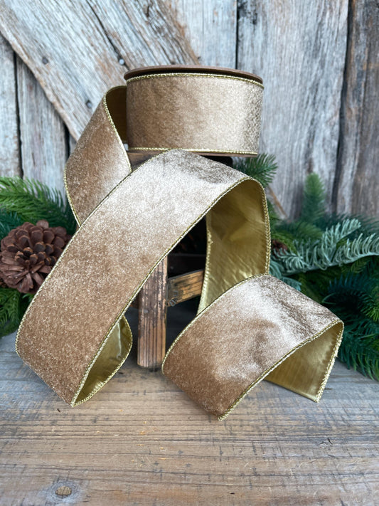 2.5" Gold Velveteen Ribbon, Christmas Ribbon, Gold Velvet