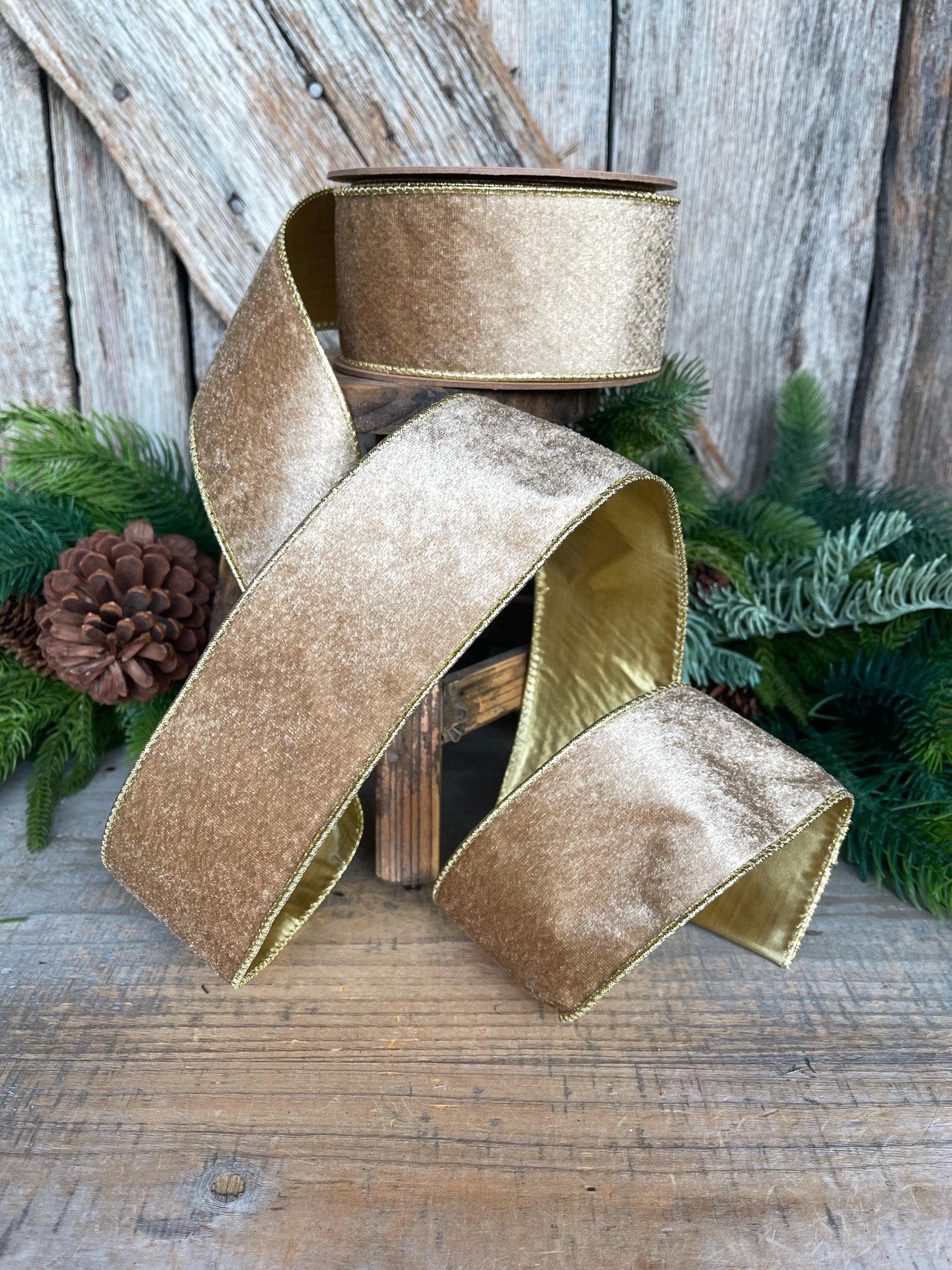 2.5" Gold Velveteen Ribbon, Christmas Ribbon, Gold Velvet
