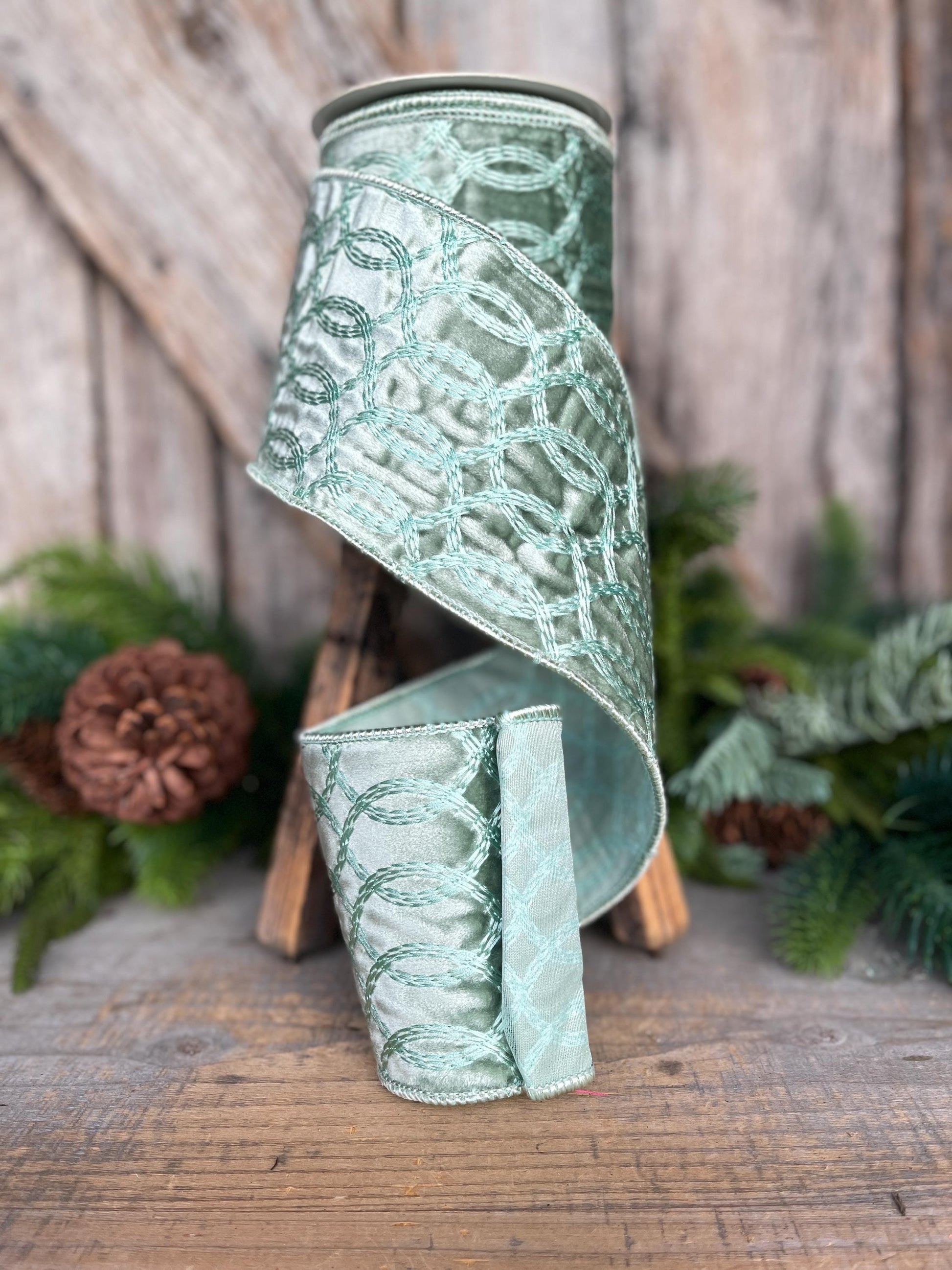 4" Aqua Celadon Velvet Ribbon, Celadon Velvet Ribbon, Christmas Ribbon