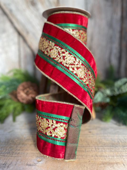 4" Red Embellished Velvet Ribbon, Luxury Christmas Ribbon