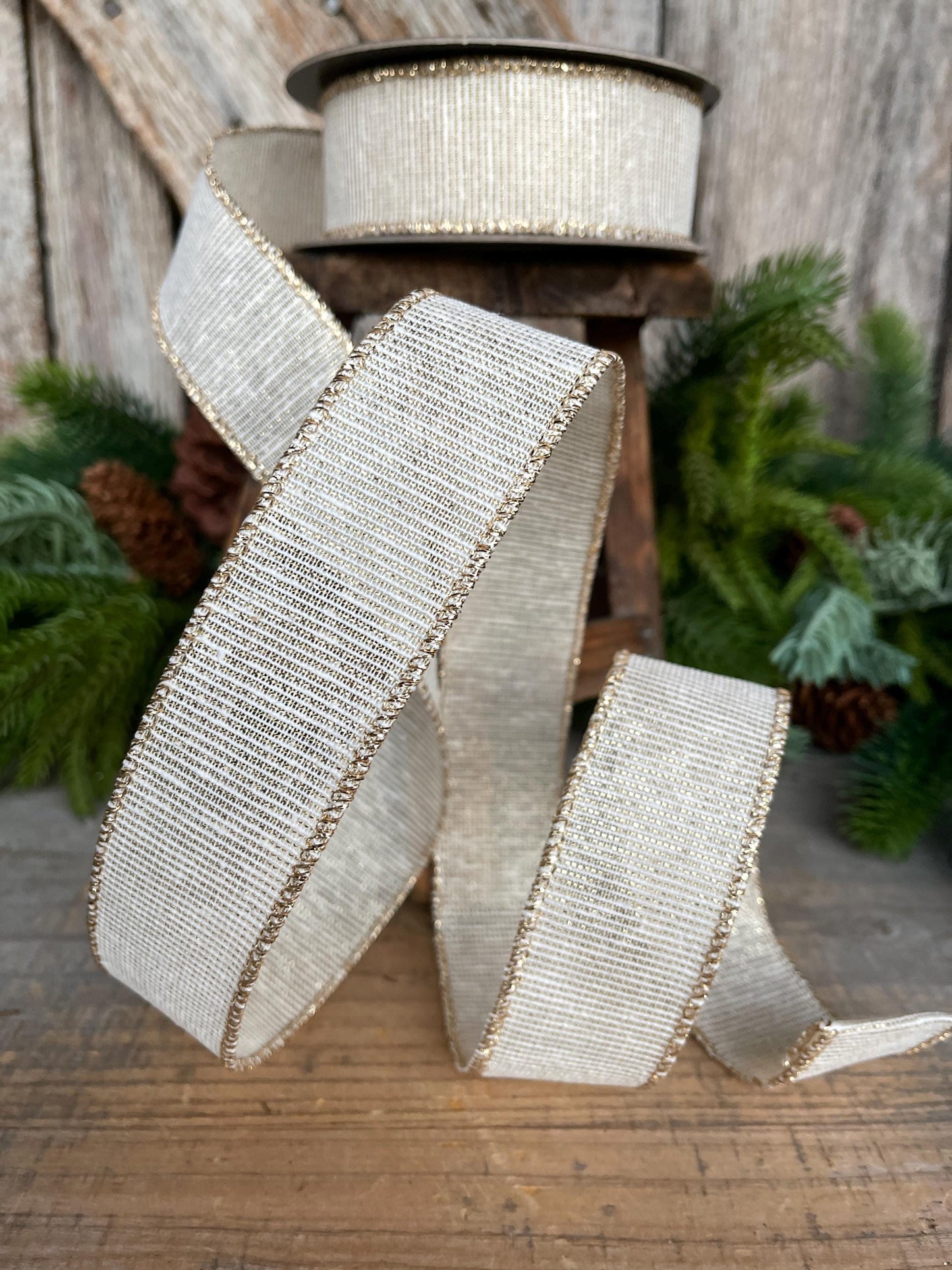 1.5" Ivory & Gold Ribbon, Christmas Ribbon, Gift Wrap Ribbon