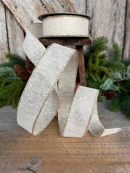 1.5" Ivory & Gold Ribbon, Christmas Ribbon, Gift Wrap Ribbon