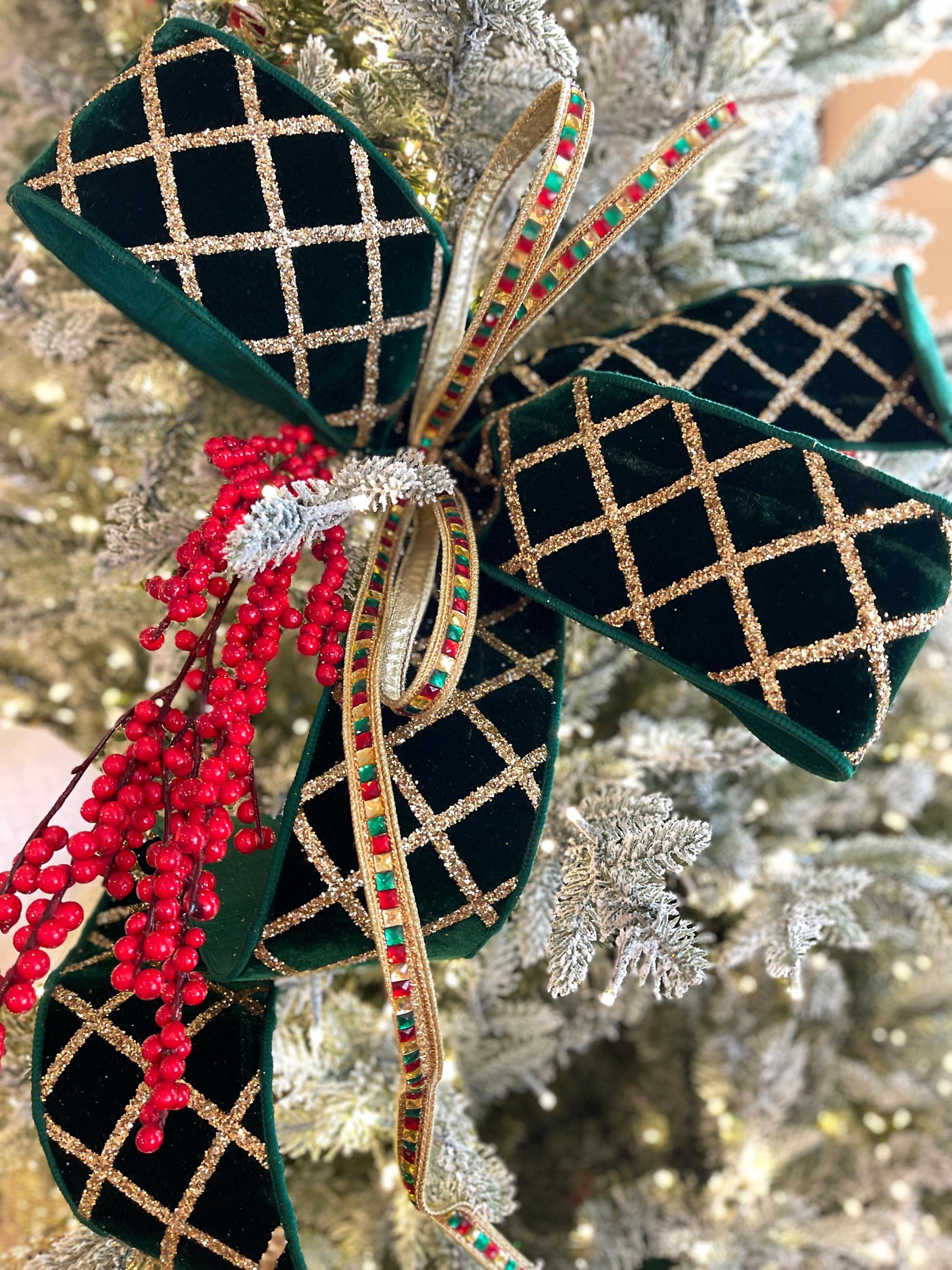 4" Emerald Green Velvet Ribbon, Green & Gold Velvet Ribbon, Christmas Ribbon