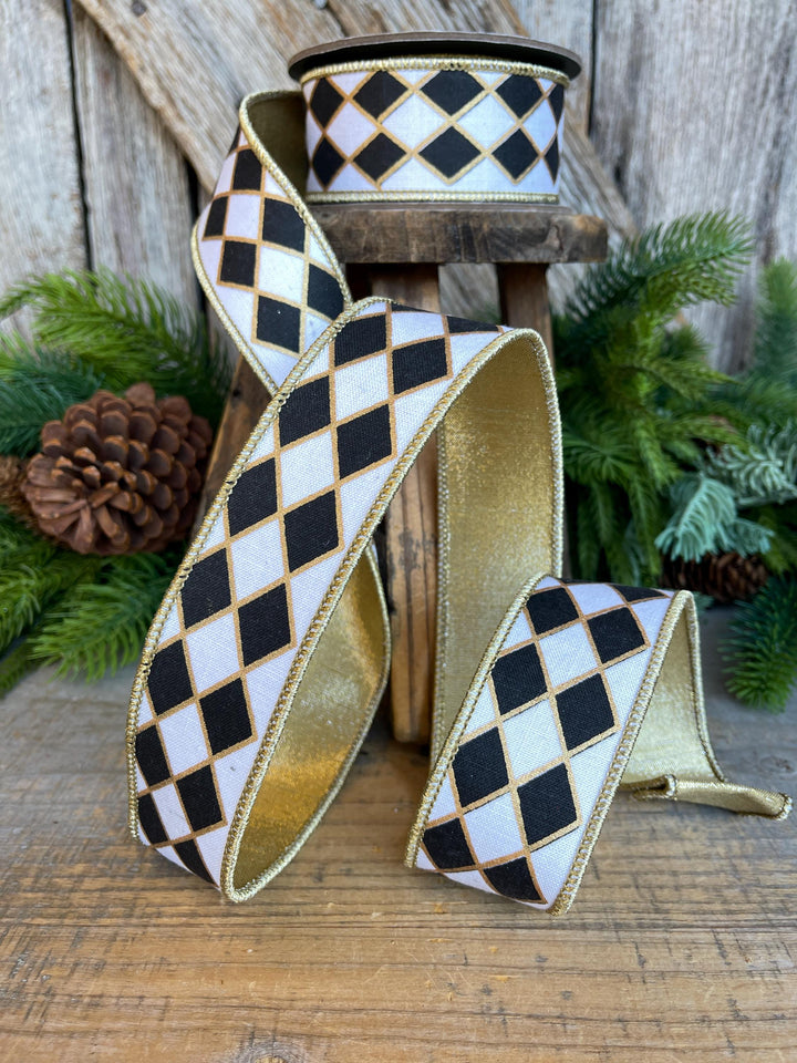 1.5" Black and White Harlequin Ribbon, Christmas Ribbon