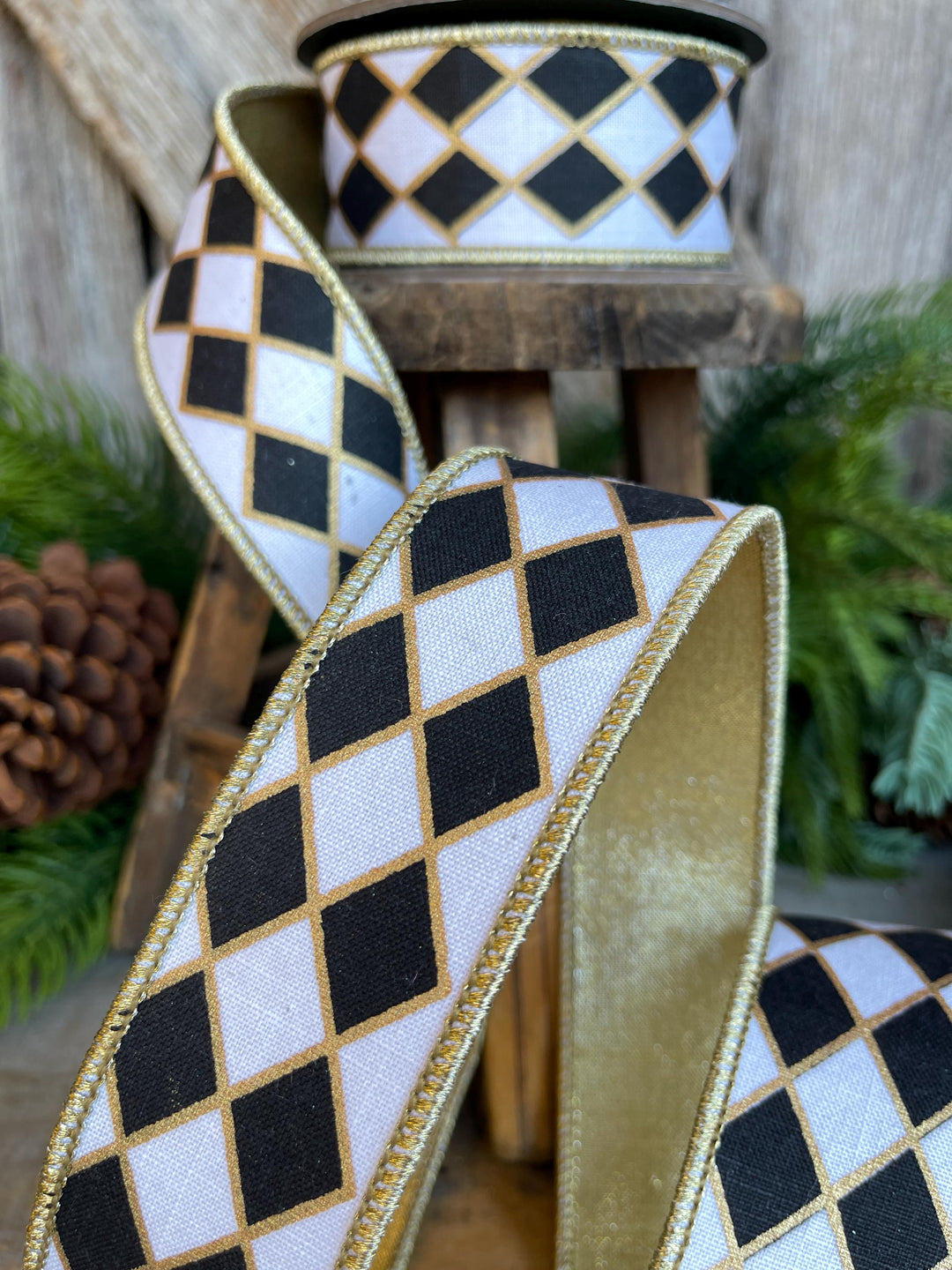 1.5" Black and White Harlequin Ribbon, Christmas Ribbon