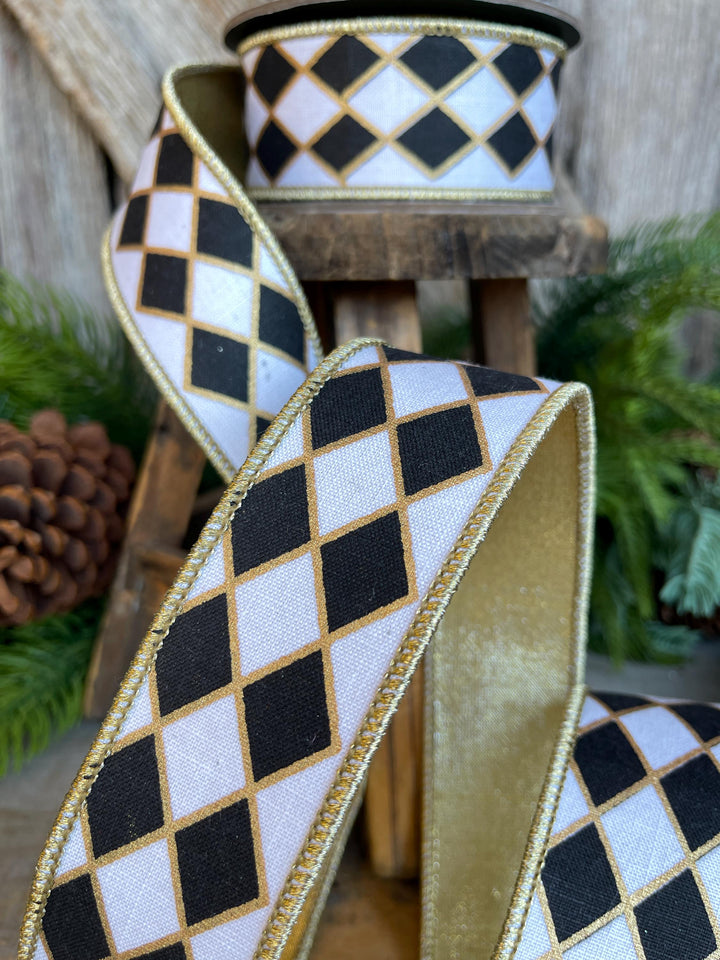 1.5" Black and White Harlequin Ribbon, Christmas Ribbon