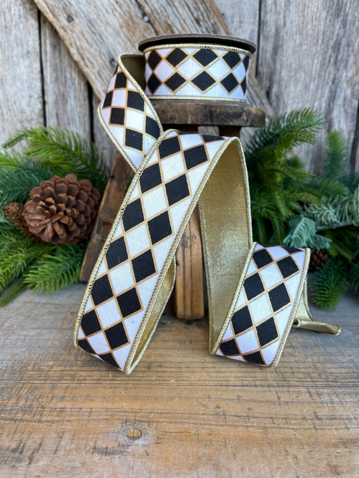 1.5" Black and White Harlequin Ribbon, Christmas Ribbon