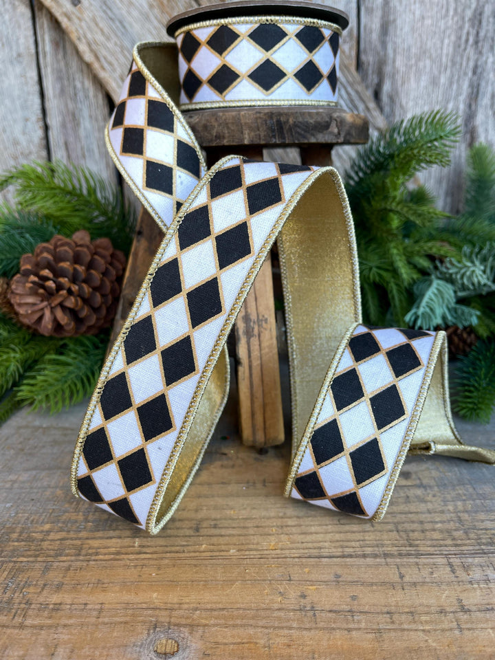 1.5" Black and White Harlequin Ribbon, Christmas Ribbon