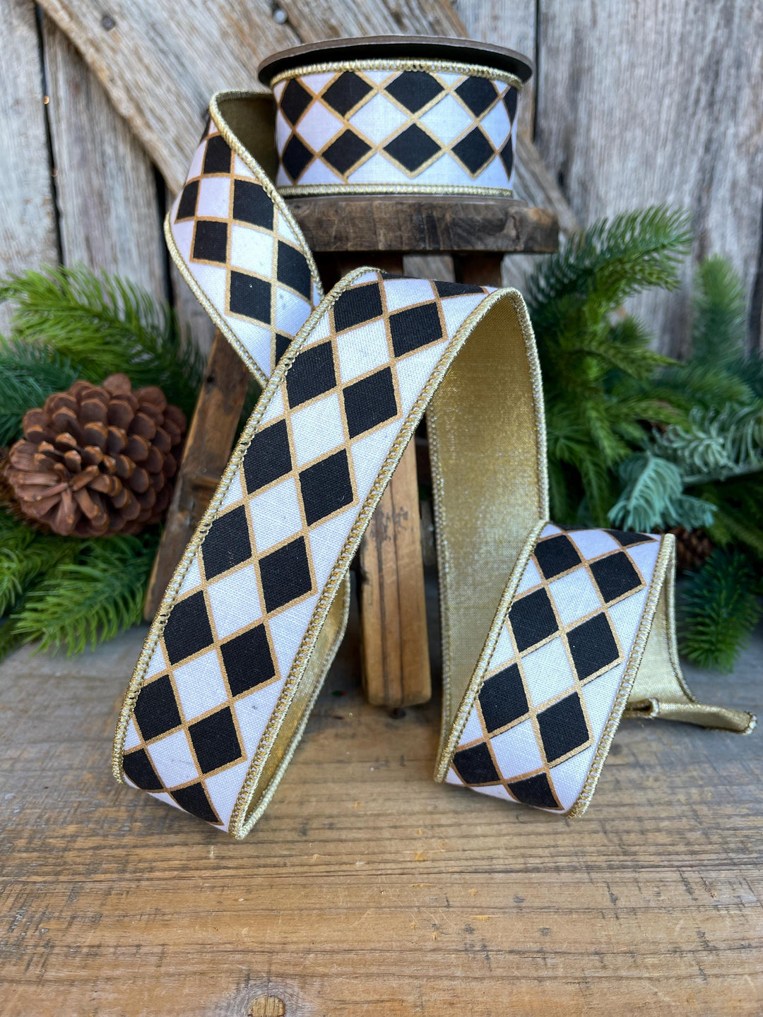 1.5" Black and White Harlequin Ribbon, Christmas Ribbon