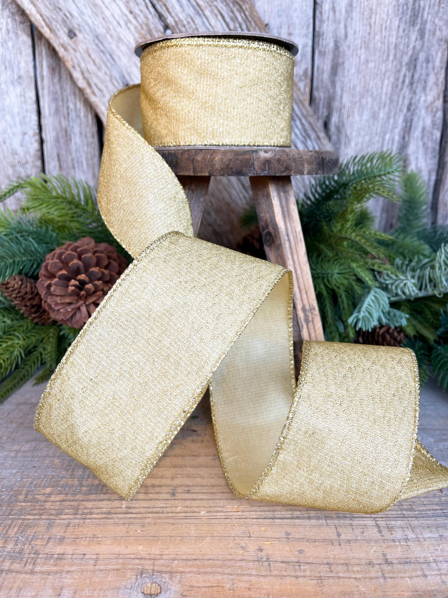 2.5" Gold Ribbon, Christmas Tree Ribbon, Gold Christmas Ribbon