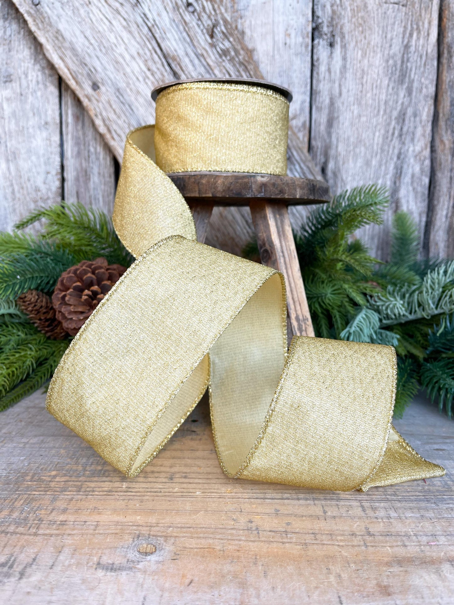 2.5" Gold Ribbon, Christmas Tree Ribbon, Gold Christmas Ribbon