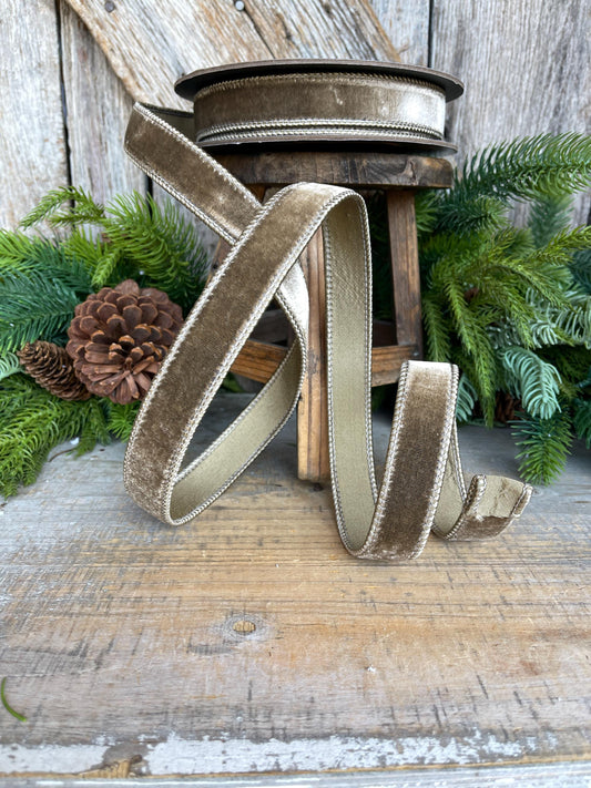 1” Mink Velvet Ribbon, Mocha Velvet ribbon, Christmas Ribbon, Wired Ribbon