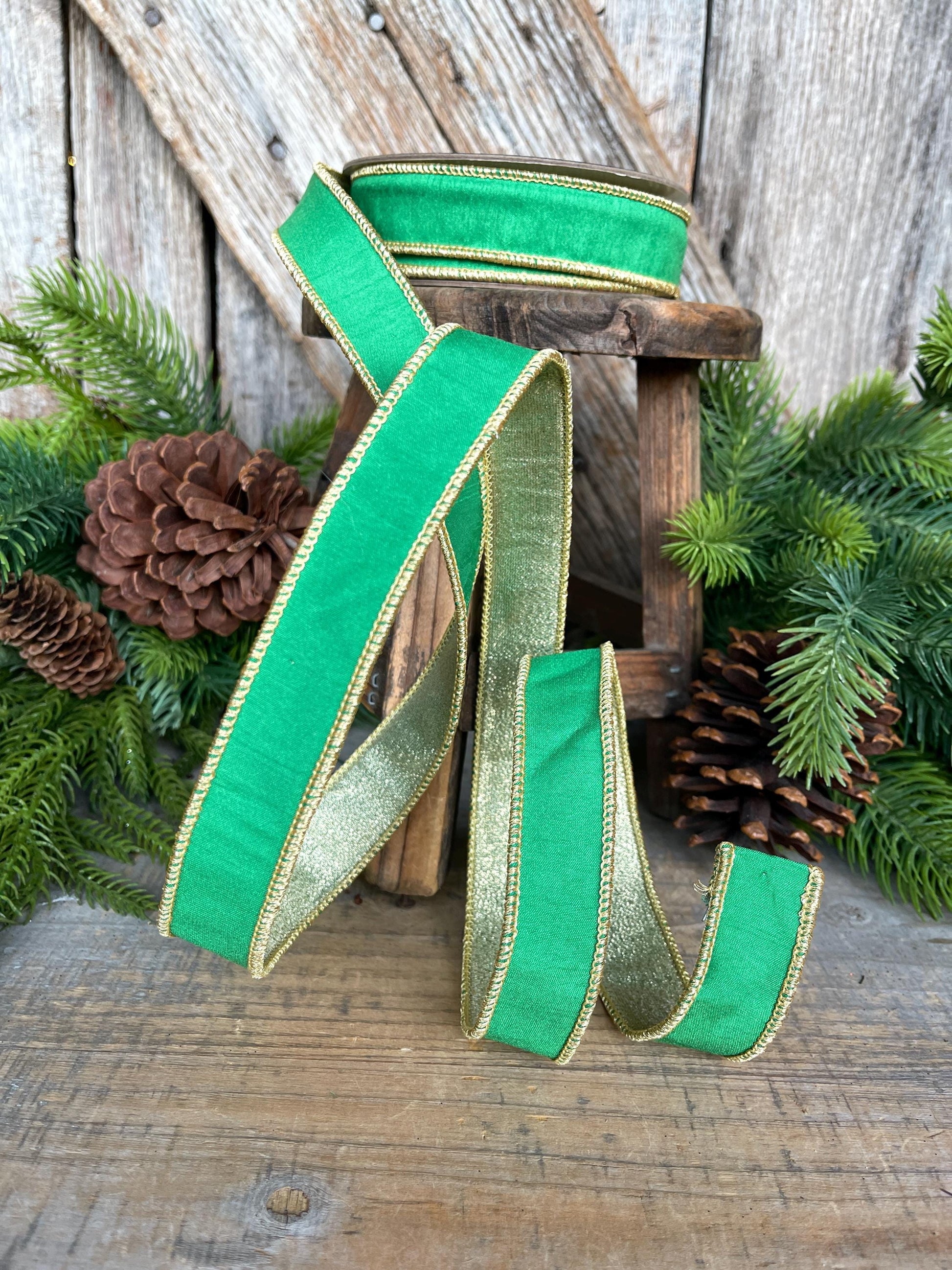 1" Kelly Green Ribbon, Green Gold Ribbon, Christmas Ribbon, Nancy Brown Ribbon