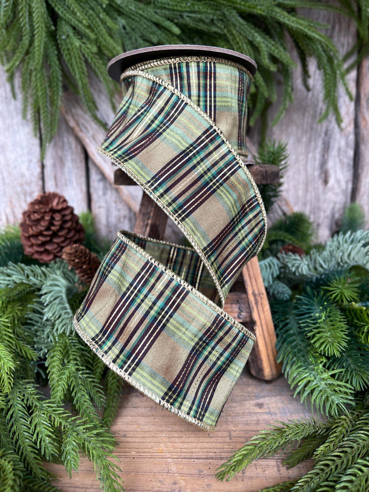2.5" Green Moss Christmas Plaid, Woodsy Christmas Ribbon, Christmas Plaid Ribbon