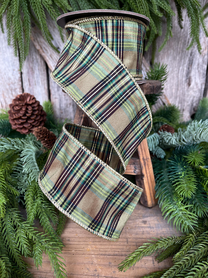 2.5" Green Moss Christmas Plaid, Woodsy Christmas Ribbon, Christmas Plaid Ribbon
