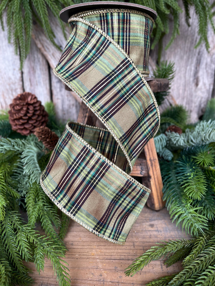 2.5" Green Moss Christmas Plaid, Woodsy Christmas Ribbon, Christmas Plaid Ribbon