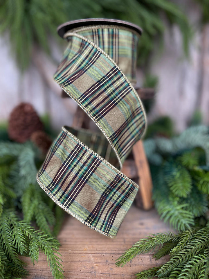 2.5" Green Moss Christmas Plaid, Woodsy Christmas Ribbon, Christmas Plaid Ribbon