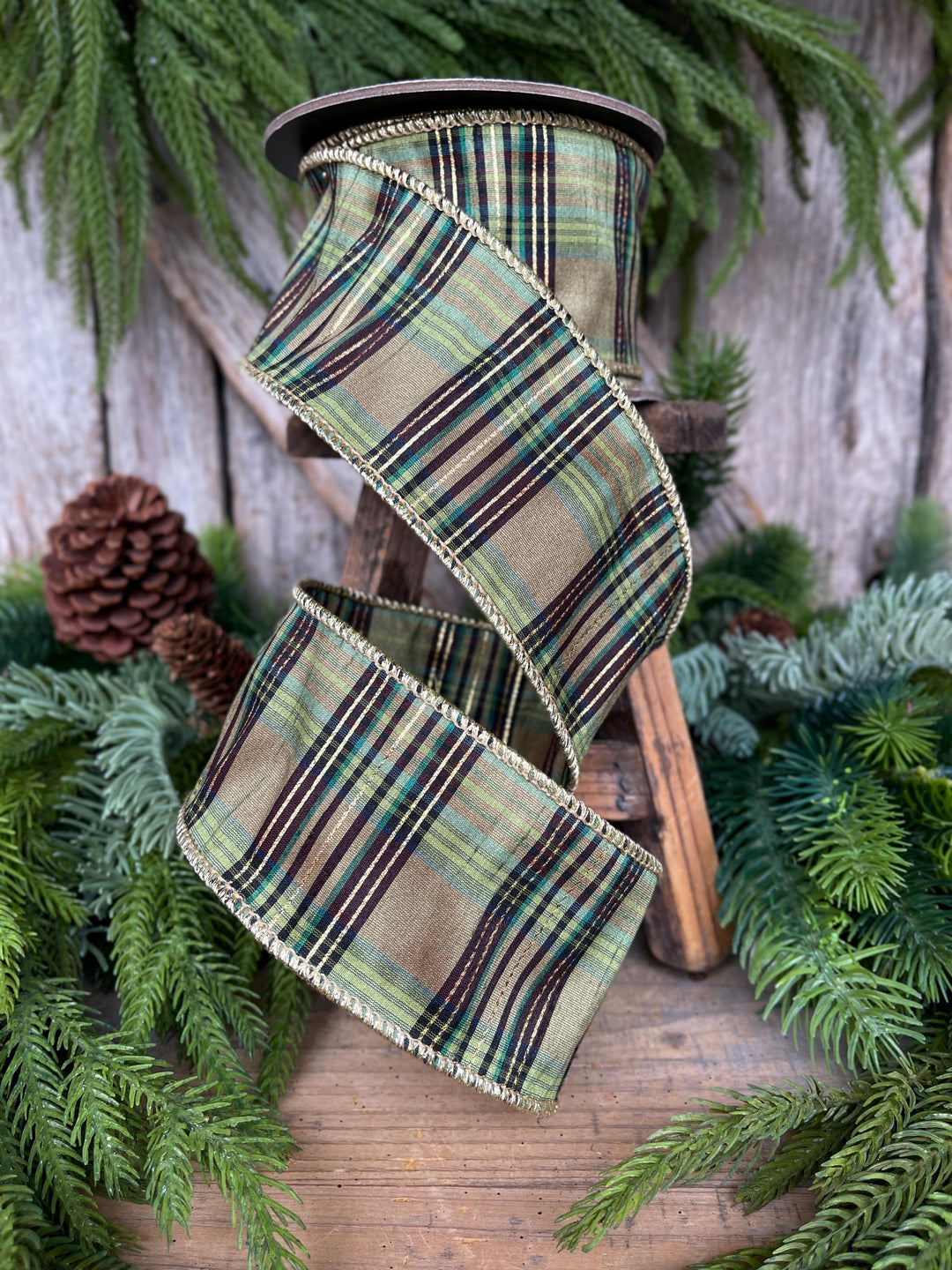 2.5" Green Moss Christmas Plaid, Woodsy Christmas Ribbon, Christmas Plaid Ribbon