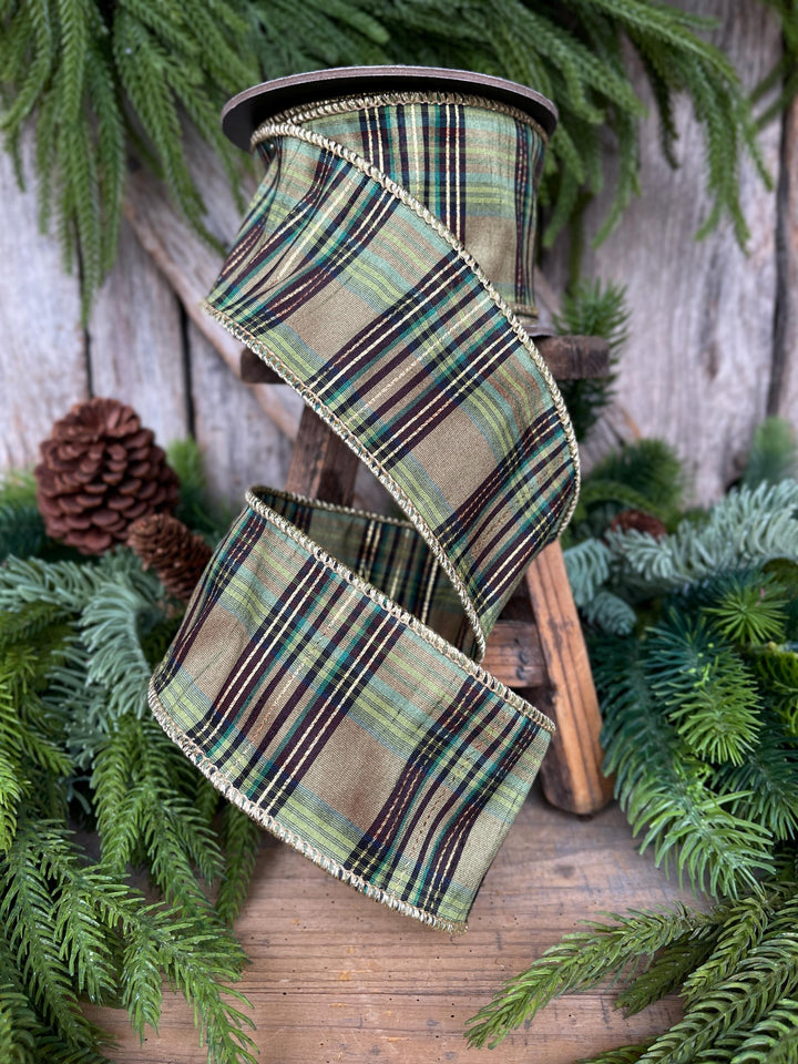 2.5" Green Moss Christmas Plaid, Woodsy Christmas Ribbon, Christmas Plaid Ribbon
