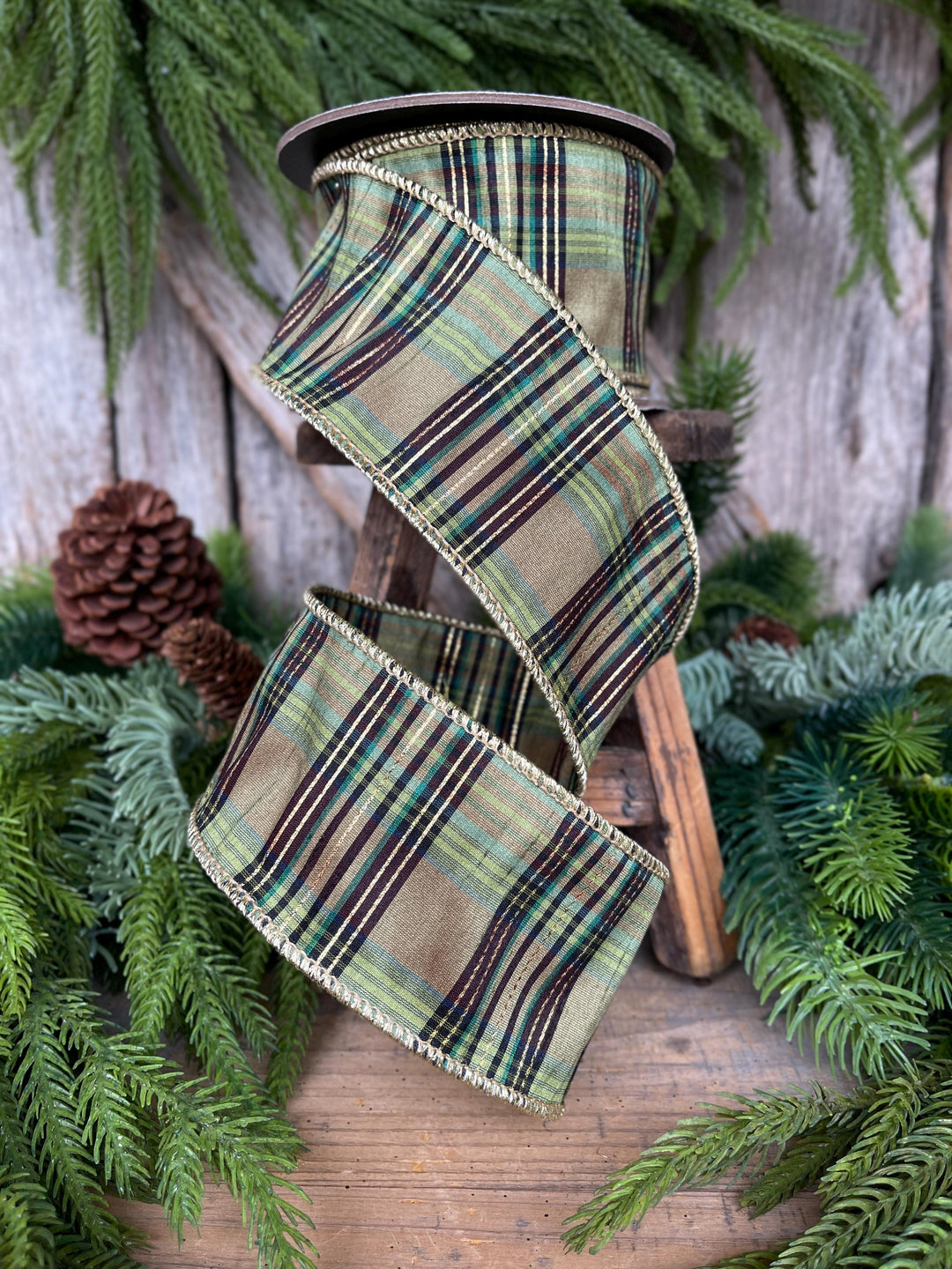 2.5" Green Moss Christmas Plaid, Woodsy Christmas Ribbon, Christmas Plaid Ribbon