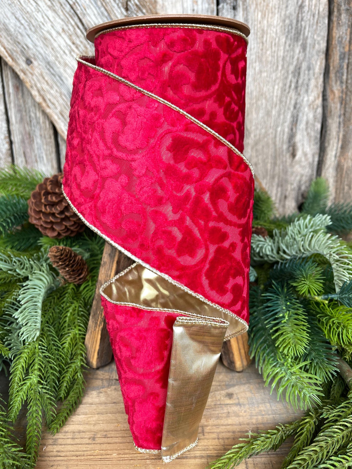 4" Red Embossed Velvet Ribbon, Christmas Ribbon, Red Velvet Ribbon