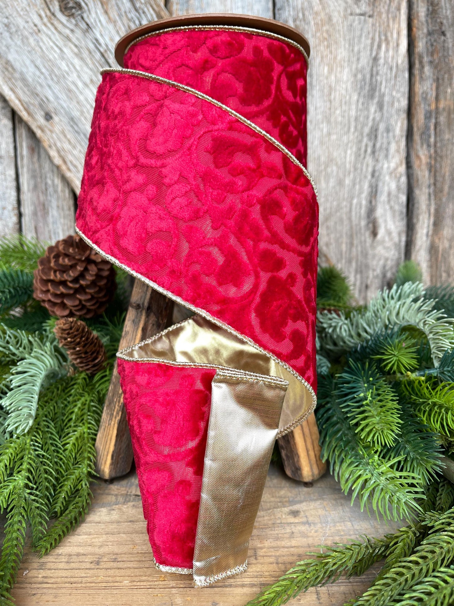4" Red Embossed Velvet Ribbon, Christmas Ribbon, Red Velvet Ribbon